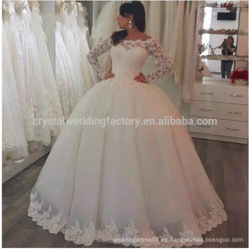 Gorgeous Sheer Robe De Mariage Puffy Backless 2017 Lace Applique Manga Larga Vestidos de Novia MW954